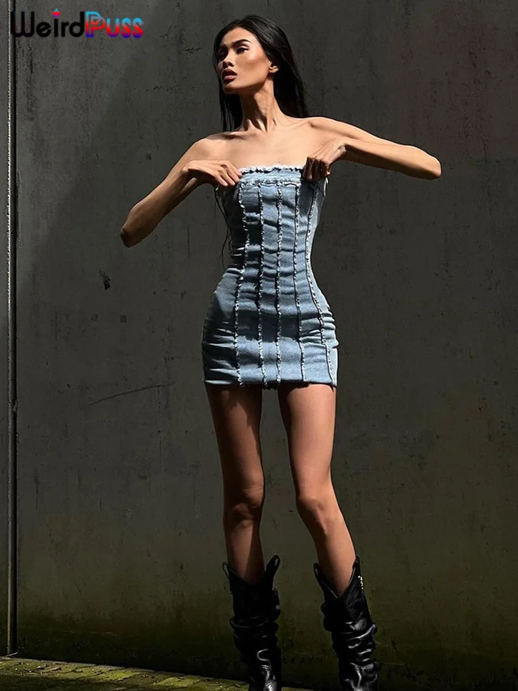 Dīvaini Runcis Džinsa Raibs Kleita Sievietēm Y2K Kokvilnas Strapless Gadījuma Vintage Vasaras Modes Streetwear Izdilis Peach Hip Bodycon