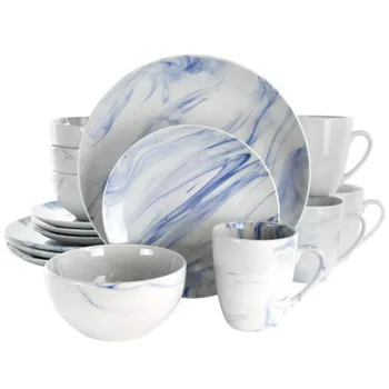 Smalka Marmora 16 Gabals Keramikas Dinnerware Komplekts Zilā un Baltā Plāksne s Ķīna 