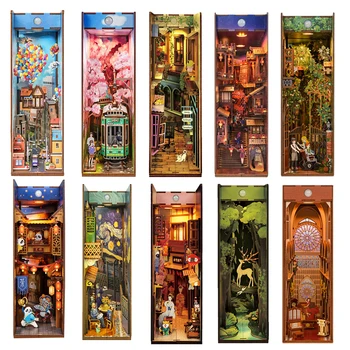 DIY Koka Grāmatu Nook Shelf Insert Komplekti ar Vāciņu Miniatūra Pilsēta Street View Bookends Rotaļlietām Plaukts Dāvanas, Mājas Apdare