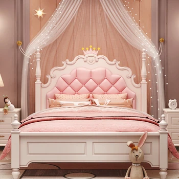 Bērnu gulta Princess gulta Meitene ir guļamistaba 1,5 metru mūsdienu minimālisma rozā masīvkoka vienvietīga gulta