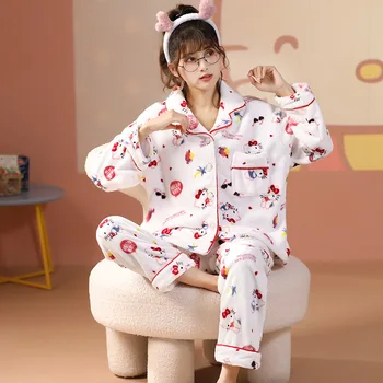 Sanrio Hello Kitty Pidžamas Komplekts Coral Fleece Plus Samta Sabiezējumu Silts Karikatūra Kawaii Sieviešu Ikdienas Mājas Apģērbu Svētku Dāvanas