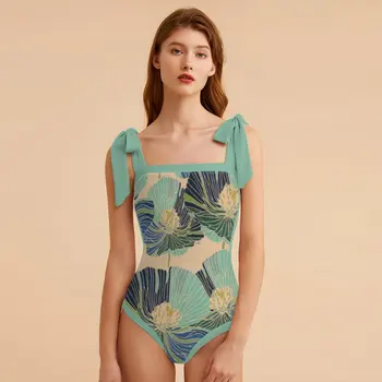 Zaļu Ziedu Drukāt Augstā Vidukļa Siksnu, Bikini Komplekts 2023 Sieviešu Vasaras Plus Lieluma Peldkostīmu Modes peldkostīms, Push-ups, ar Kvadrātveida Kakla