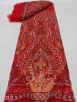 Nigērijas Sequin Audumi Fāzēm, Mežģīnes Auduma sarkanā krāsā Izšūta Tilla Auduma Āfrikas Mežģīņu Audums Kāzu Kleitas, 5 Metri