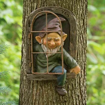 Elf Ārā Pa Durvīm /Logu Tree Hugger Nerātns Dārza Gnome Statuja Koka Dekori