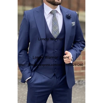 Skaists Royal Blue Vīriešu Uzvalku Formālas Biznesa Žakete Slim Fit 3 Gabals Komplekts Kāzu Līgavainis Uzvalku Terno Masculino Jaka, Bikses, Vestes