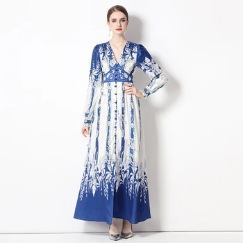 Skrejceļa Sen Maxi Kleitas Sievietēm Dizaineru Modes Pilnu Piedurknēm Ziedu Drukāt Brīvdienu Vestidos Elegants Ikdienas Aline Halāti A8715