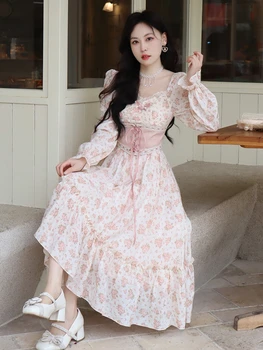 Ziedu kleitu korejas modes cute meitene vidēja garuma rozā kawaii franču mežģīnes pārsējs drukāt princese pasaku kleita 2023 karstā pārdošanas Y2K