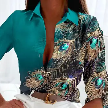 Moderns Sieviešu Krekls Spalvu Print Single Krūtīm Kreklu Sieviešu Dārgakmens Atloks Top Streetwear Pavasara Rudens Modes