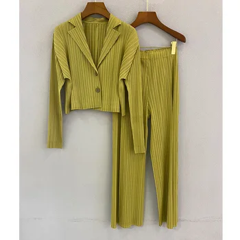 Miyake Dāma Kroku Divas Gabals Uzvalks Augstas Kvalitātes Temperaments Ikdienas Apģērbu uz Lady Japāņu Stilā ar garām Piedurknēm Top+Vaļīgas Bikses
