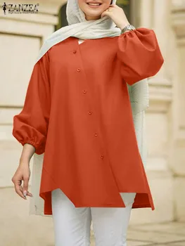Sieviešu Vintage Cietā Musulmaņu Ramadāna Blūze ZANZEA Modes garām Piedurknēm Neregulāru Apakšmalu Krekls Gadījuma Mīksti Topi Islāma Apģērba 2023