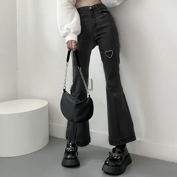 Džinsi Sievietēm Vintage Black Denim Izlīdzināšanu Bikses Streetwear Augsta Vidukļa Slim Mamma Bikšu Harajuku Y2K Bikses
