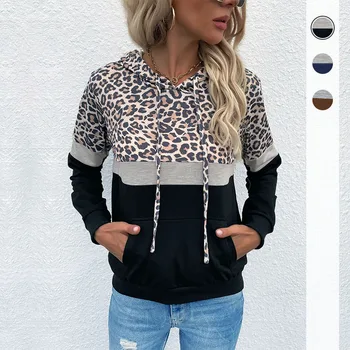 Rudens jaunās sieviešu krekls ar kabatas aukliņu kapuci paneļu leopards drukāt hoodies sievietēm