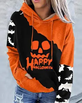 Halloween Sieviešu Krekls 2023 Pavasara Modes Colorblock Scary Face Print Gadījuma Garas Piedurknes Kabatas Dizaina Kapuci Sporta Krekls