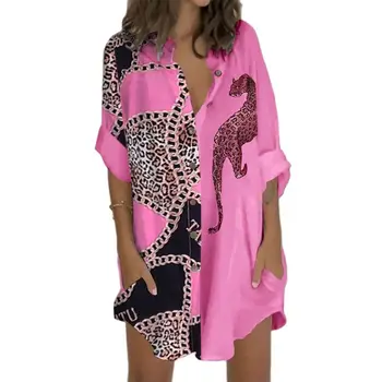 Sieviešu Brīvā Laika Gadījuma Leopard Ķēdes Drukāt Buttoned Kabatas Dizaina Īsu Kleitu, Stilīgu Sieviešu Krekls, Kleita
