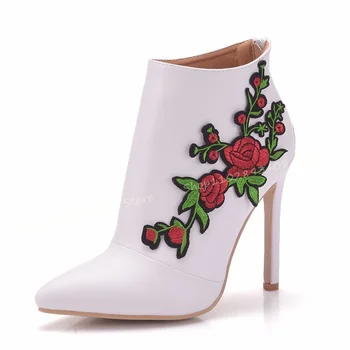 Izšūt Ziedu Potītes Zābaki Norādīja Toe Cietā Plānas Augstiem Papēžiem Sānos Rāvējslēdzējs Sieviešu Rudens Modes Kurpes 2023 Zapatos Para Mujere