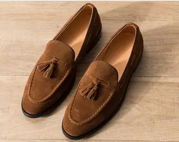 Pavasarī un rudenī Paslīdēt uz Pušķis Ikdienas apavi Īstas Ādas Vīriešu kurpes Anglijas Stila brūnas kurpes vīriešu Mokasīni