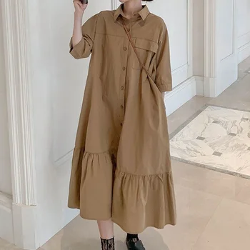 Vasarā Jauni Haki Zaudēt Kroku Midi Kleitu Polo Apkakli, Īsām Piedurknēm Solid Plus Lieluma Gadījuma Kleitas Modes Korejas Sieviešu Apģērbs