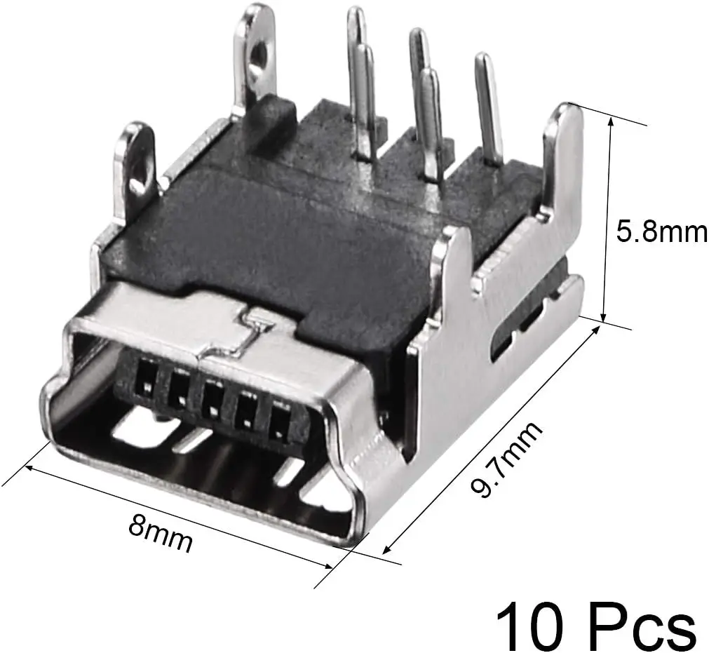 Mini USB PCB Savienotājs 5P Sieviešu Ligzda 4 Kāju 90 Grādu Leņķī 10Pcs