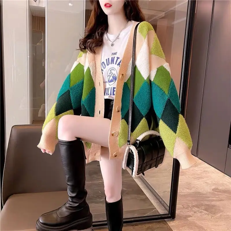 Modes Dimanta formas Iespiestas Rozā Jaciņa Kontrasta Krāsu Izšūšanas garām piedurknēm Top Džemperis Lielgabarīta Adīšanas Jaka Sievietēm