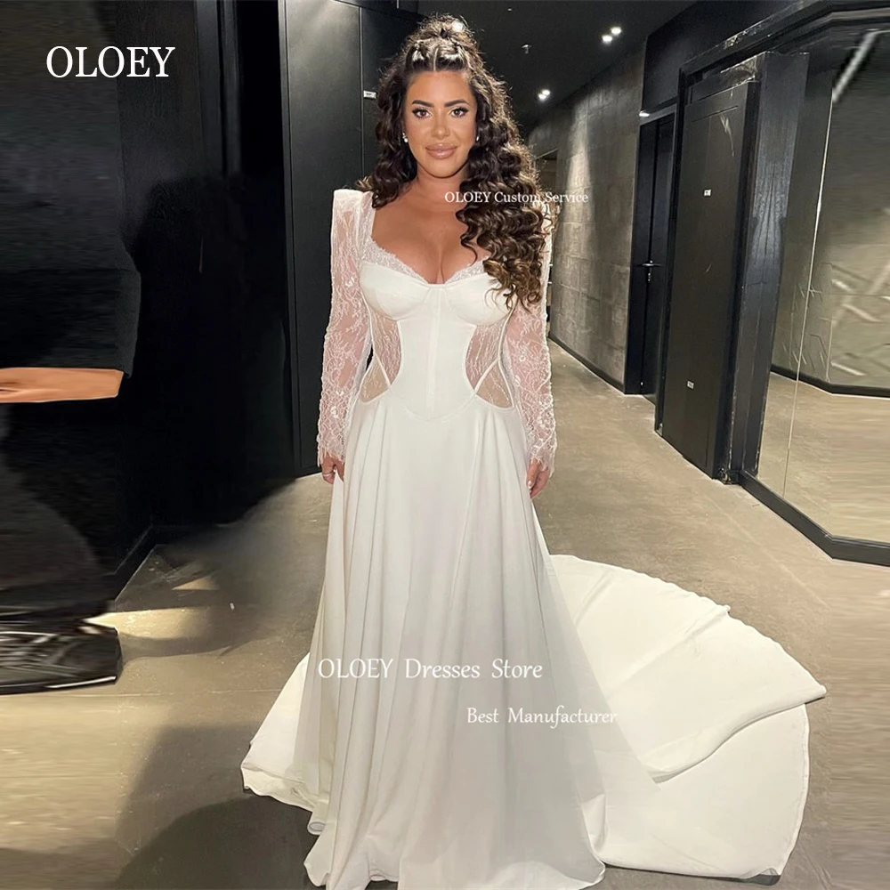 OLOEY Elegants Līnijas Kāzu Kleitas ar garām Piedurknēm Mežģīnes Un Stiept Satīna arābu Sievietēm, Plus Lieluma Līgavas Kleitas Drēbes de mariage
