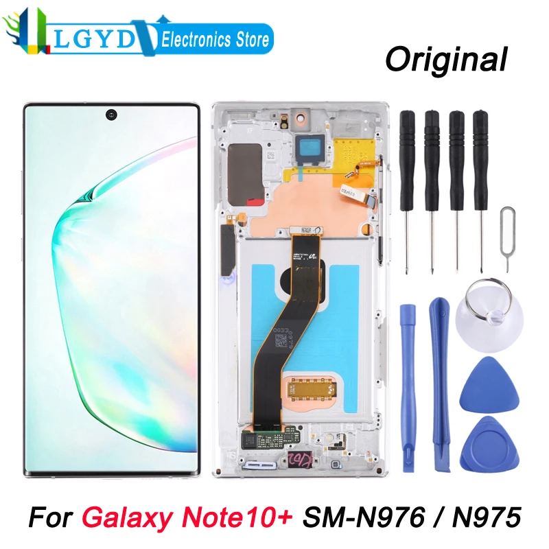 Original LCD Ekrāns Samsung Galaxy Note10 Plus 5G Tālruņa Displeju, Touch Screen Digitizer Pilnu komplektu Ar Rāmi SM-N976 N975