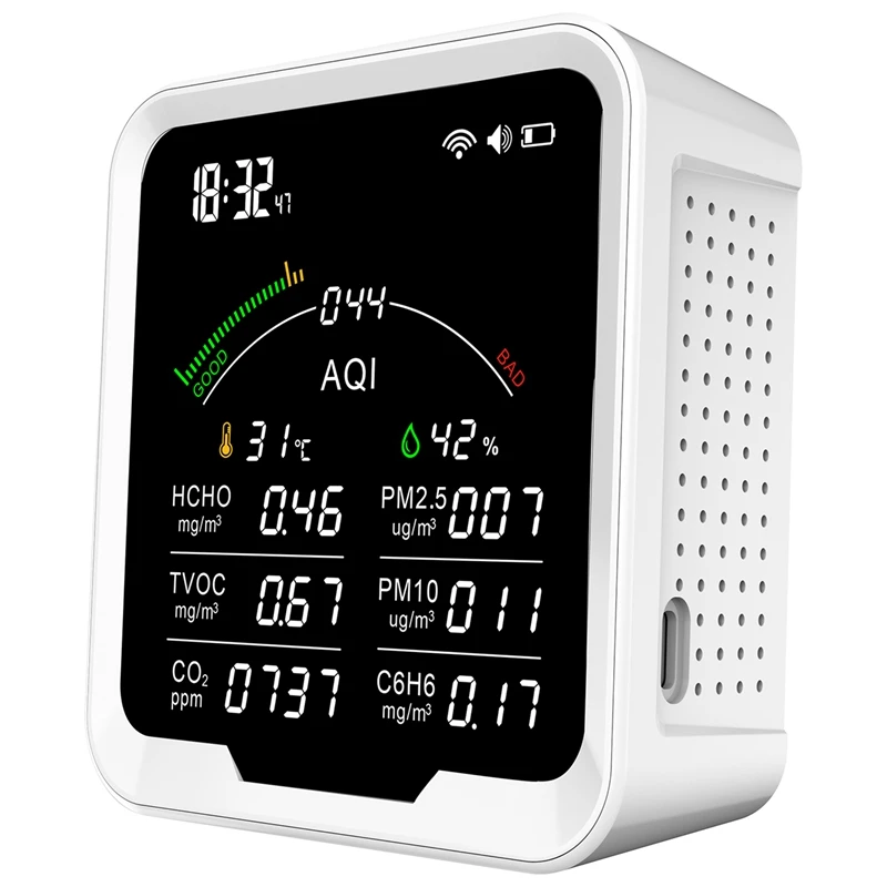 Plastmasas Gaisa Kvalitātes Monitors Thermohygrometer, Modinātājs Un Gāzes Detektoru PM2.5,PM10,HCHO,C6H6,CO2 Sensors