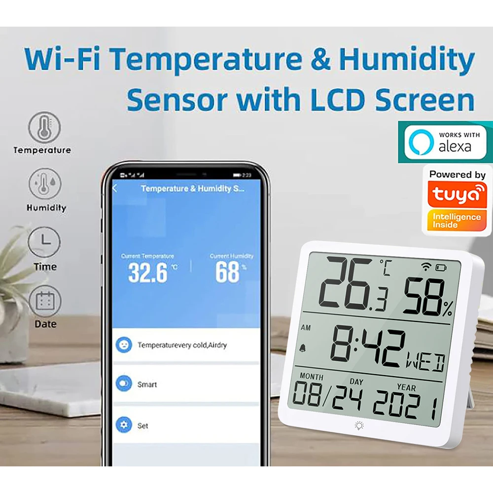 Tuya Smart Home WiFi Temperatūras, Mitruma Sensoru, Smart Dzīves Iekštelpu Termometrs ar LCD Displeju Sensori Alexa, Google Voice