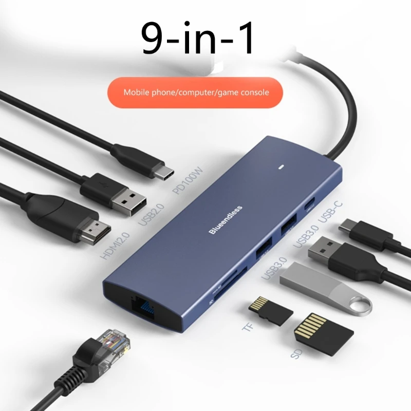 USB C Hub 9 1 Alumīnija USB C Adapteri HDMI USB SD/TF Card Reader Sadalītājs