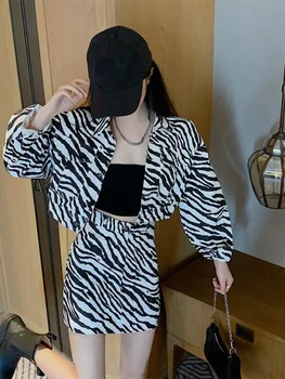 Hikigawa 2023 Pavasara Zebras Svītrainais Šiks Modes Sieviešu Īsās Žaketes + Korejas Elegants Ikdienas Svārki 2 Iestatiet Roupas Femininas
