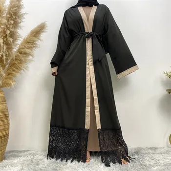Pakistānas Arābu Musulmaņu Sieviešu Apģērbu Jaciņa Tērpu Mežģīnes Islamic Fashion Atvērt Abaya Dubaija Turcija Kimono Kaftan Ramadāna Eid Kleita