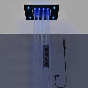 hm 2023 Augstas Kvalitātes Matēts Melns LED Dušas Komplekts Ūdenskritums Lietus Showerhead Panelis Ar Termostata Maisītāju Vārstu Padeves Sistēma