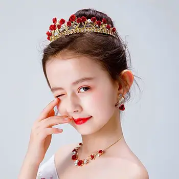 Jauns Princess Crown Matu Joslā Bērniem Sarkanu Rožu Ziedu Tiara Modes Sakausējuma Pērle Rhinestone Hairband Puse Matu Aksesuāri