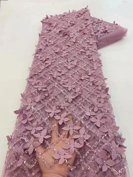3D Ziedi franču Neto Mežģīnes Farbic Eiropas Vizuļi Luksusa Couture Kāzu Gadījumā, Kleita Star Dizainu