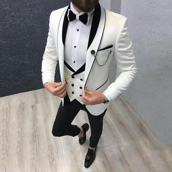 Ir 2021. Jaunāko Balti Uzvalki Kāzu Tuxedos Līgavainis Valkā Melnu Sasniedza Atloks Groomsmen Apģērbs Cilvēks Bleizeri 3 Gabali, Kostīmu Homme