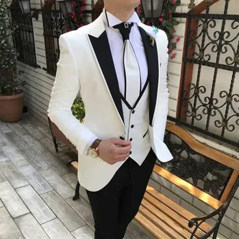 2023 Vīriešu Uzvalki 3 Gabali Slim Fit Biznesa Džentlmenis, Uzvalki Līgavainis Noble Balts Tuxedos par Oficiālu Kāzu Uzvalku (Žakete+Bikses+Veste)
