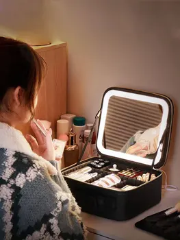Make up Soma Kosmētikas Lietā Sieviešu Somas Smart LED Gaismas Spogulis Ceļojumu Skaistuma, ķermeņa kopšanas Komplekts Grims Organizatori Uzglabāšanas Kastes Somas