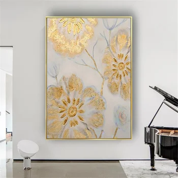 Zelta Ziediem, Eļļas Glezna Roku Uz Audekla Skaistu Ziedu Abstraktu Sienas Mākslas Zelta Folija Attēlu Dekoru Guļamistaba, Dzīvojamā Istaba