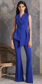 Vasaras Zilā Sievietes Tērps Komplekts Veste+Bikses 2 Gab Neregulāru Apakšmalu Bez Piedurknēm Modes Dizainere V Kakla Balles Kleita Kokvilnas Pasūtījuma