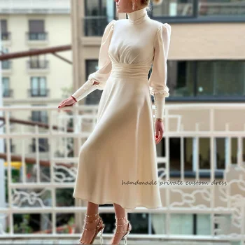 Balts Spandex Satīna Garām Piedurknēm Musulmaņu Dubaija Kāzu Kleitas Augsta Kakla Tējas Garums Līgava Kleitu Elegants Arābu Kāzu Kleitas