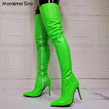 Zaļā Sexy Modes Pliks Zābaki Norādīja Toe Duncis Augstpapēžu Catwalk Modes Pār-The-Ceļgala Plus Izmēra Zābaki Dāmas Garie Zābaki