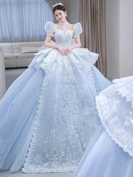 Sniega Zilā Princese Luksusa Kāzu Kleitu 2023 Jaunās O-veida kakla Seksīgas Mežģīnes Up Aplikācijas Līgavas Bumbu Kleita Slaucīt Trailing Vestido De Noiva