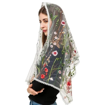 Ziedu milzīgais Šalle Izšūti Ziedu Lakatu, Lakatu Tudung Hijab Headcovering Šalle Baznīcas Lakatu, ietīšanas procedūras Sievietēm