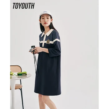 Toyouth Sievietes Kleitu Līdz 2023. gada Pavasarī Trīs Ceturtdaļu Piedurknēm Polo Kakla H-formas Svītrainām Preppy Stils Gadījuma Vidēja garuma T-krekls, Svārki