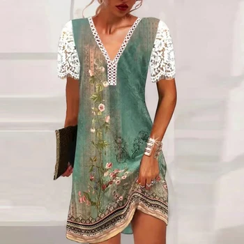 Vasaras Īsām Piedurknēm Drukāt Sievietes Kleitu Modes Ikdienas Stila Līdz 2023. Jaunas Mežģīnes Panelis Svārki Sexy V-Neck Elegants Ceļa Garums Kleita
