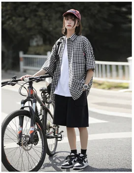 2023 Jaunā Pavasara/Vasaras Sieviešu apģērbu Japāņu Zaudēt Atviegloti Piepilsētas Dizaina Pleds ar Īsām Piedurknēm Krekls