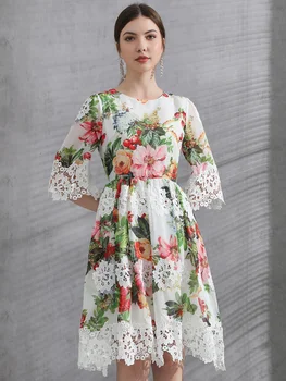 Modes Dizainere Vasaras Sieviešu Mežģīņu Līmēšana Pusi Piedurknēm Ziedu Drukāt pusgarās Elegants Puse Svētku Kleita